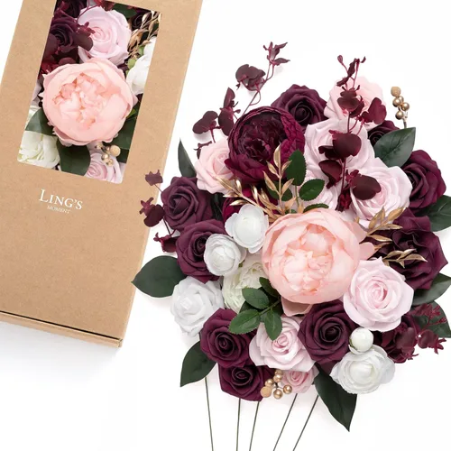 Vista 19 de Ling's moment Combo de flores artificiales de boda, caja de vegetación falsa para ramos de bricolaje, centros de mesa, decoración de espuma de rosa