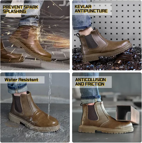 Vista 6 de Botas con punta de acero para hombres y mujeres, botas de trabajo sin cordones para la construcción Caqui