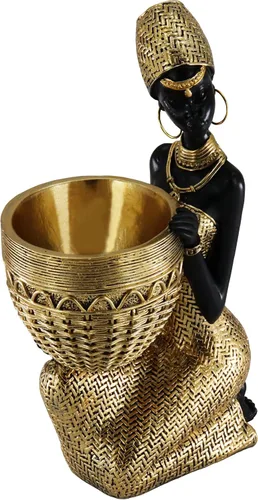 Vista 8 de Escultura Africana Hecha a Mano de Mujer Sentada - Figura Tribal Dorada Sosteniendo Canasta, Decoración del Hogar de Resina para Estante/Mesa
