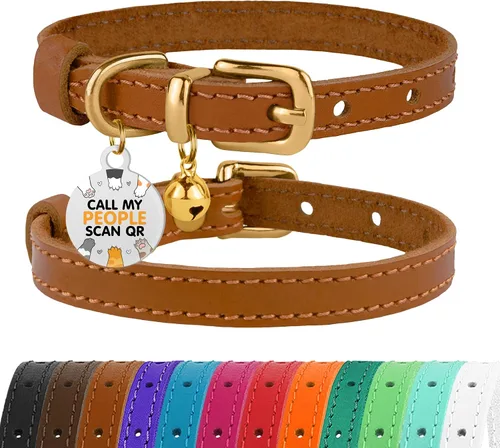 Vista 30 de BRONZEDOG Collar de cuero para gato con campanas extraíbles sin liberación rápida, etiqueta QR para gatito para niña y niño