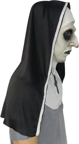 Vista 5 de Máscara de látex de monja aterradora con collar de cruz y diadema de monja, máscara de Halloween de cabeza completa, accesorios de disfraz de monja