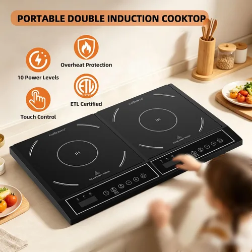 Vista 3 de 1800W Doble Inducción Cocina Compartición de Energía Portátil Quemador de Inducción Encimera Temperatura y Potencia Ajustes de Potencia Quemador