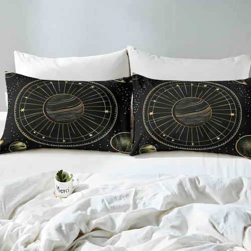 Vista 5 de Funda de edredón del espacio exterior, juego de ropa de cama bohemio para niños, funda de edredón de constelación de planeta para decoración de Negro