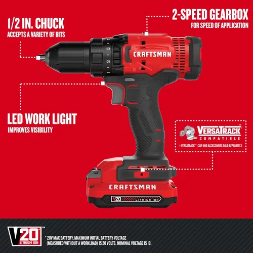 Vista 3 de CRAFTSMAN V20 - Juego de taladro/destornillador inalámbrico (CMCD700C1)