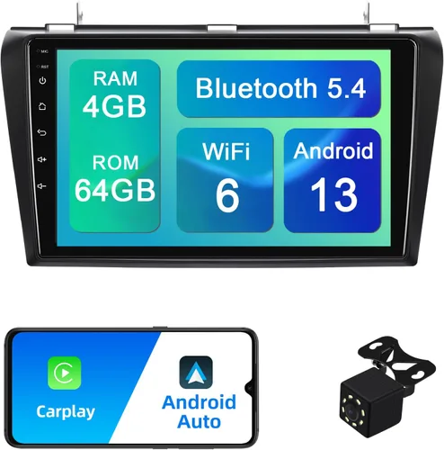 Vista 9 de 1+32G Android 13 Estéreo de Coche Doble DIN para Mazda 3 2004-2009 con Radio de Pantalla Táctil de 9 Pulgadas Integrado, Carplay Inalámbrico/Android