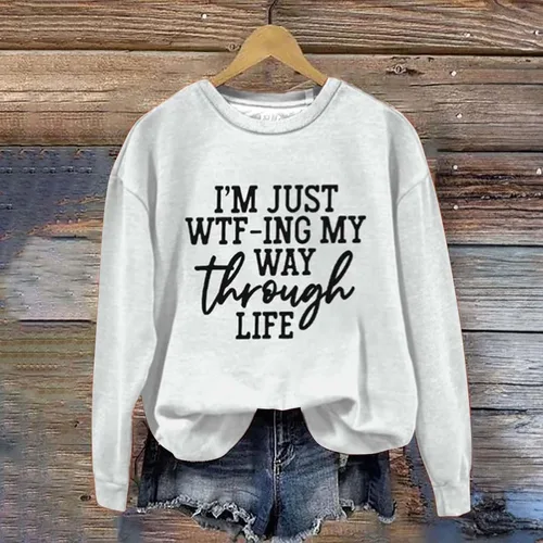 Vista 3 de Moda cuello redondo casual estampado de letras de manga larga Top mujer simple suelta plisada sudadera elegante con cremallera