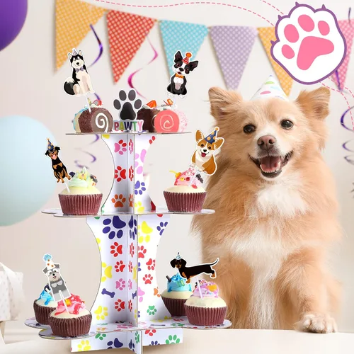 Vista 3 de Bokon Soporte de 3 niveles para cupcakes de perro y 24 piezas de decoración para cupcakes para perros, suministros de fiesta de cumpleaños