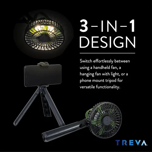 Vista 2 de Treva Ventilador de trípode de 5 pulgadas con luz incorporada y soporte de teléfono adjuntable, mini ventilador recargable de 3 velocidades