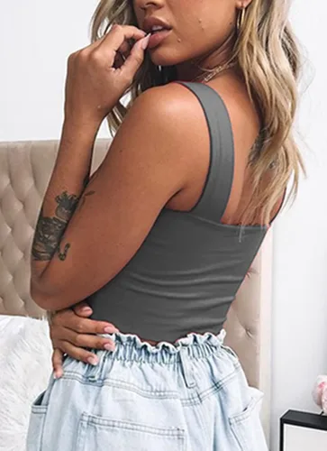 Vista 6 de Wsirmet Blusa corta sin mangas para mujer, sin mangas, cuello cuadrado, delgada, básica, lisa, corta