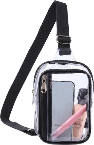 Vista 3 de Edraco Mini bolsa transparente tipo cangurera, resistente y transparente, bonito bolso cruzado para conciertos, estadio, viajes