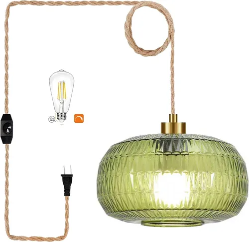 Vista 10 de Lámpara colgante de ratán para enchufar, con cable de enchufe, lámpara colgante de bambú regulable, tejida a mano estilo bohemio, pantalla