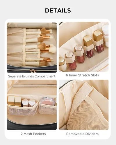 Vista 3 de HBlife Bolsa de maquillaje de viaje de doble capa, portátil, bonita bolsa de cosméticos de cuero, bolsa de maquillaje grande, estuche organizador