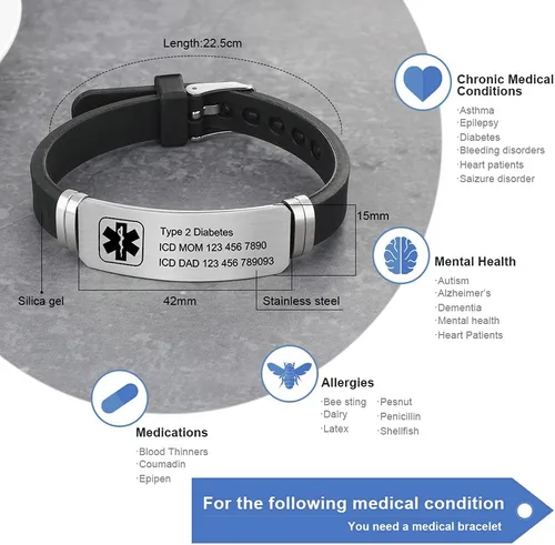 Vista 102 de OPALSTOCK Pulseras médicas personalizadas de silicona ajustable para identificación de emergencias, grabado gratuito, 9 pulgadas, resistente al