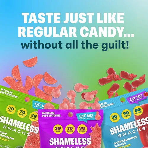 Vista 2 de Shameless Snacks - Gomitas keto bajas en carbohidratos sin gluten - Sandía, bomba de cereza, ballenas Wunderlicious