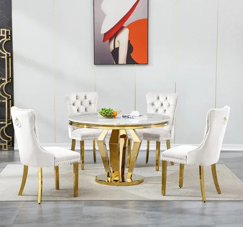 Vista 31 de Juego de 5 mesas de comedor, juego de mesa de cocina y comedor para 4, mesa de cocina rectangular de mármol sintético blanco de 47 pulgadas con base