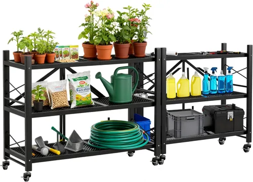 Vista 8 de Grezone Estantes plegables de 3 niveles de almacenamiento de metal resistente con ruedas – No se ensambla unidad de estantería plegable para cocina