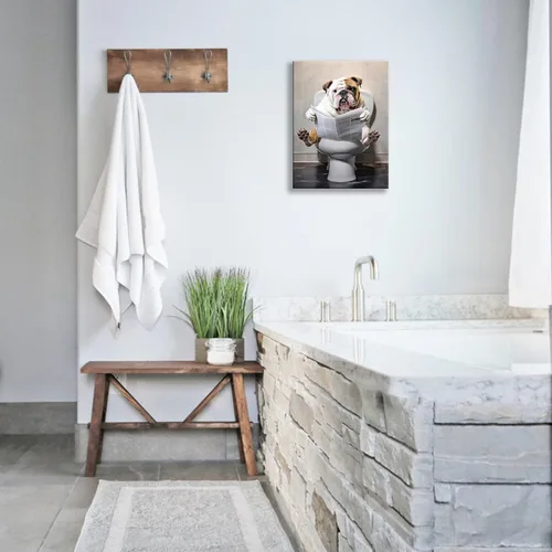 Vista 3 de Arte de pared de baño para perro, divertido decoración de pared de baño, diseño de bulldog inodoro, lienzo impreso, pintura para decoración