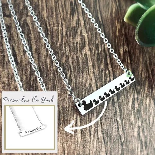 Vista 4 de Mama Duck with Ducklings Jewelry for Women, Mother's Horizontal Bar Necklace, Silver, Rose Gold or Yellow Gold in 16, 18, or 20 inch