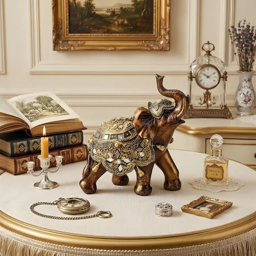 Vista 6 de Buachois Estatua de elefante de la suerte, símbolo de suerte y prosperidad, acento dorado antiguo de resina, figura de elefantes Feng Shui, adornos