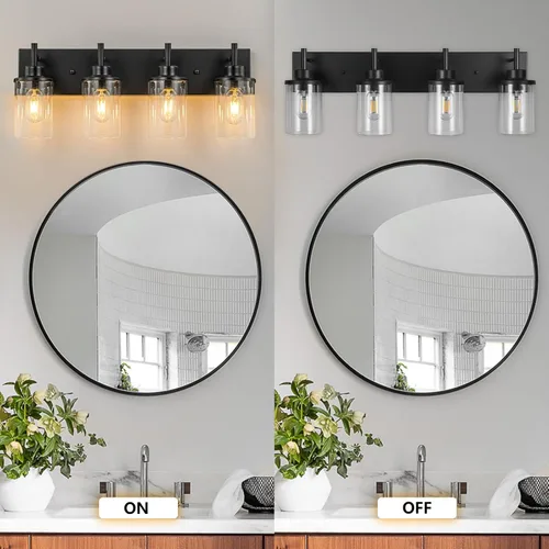 Vista 6 de GoYeel Lámparas de baño sobre espejo, luz negra mate, 4 luces, aplique de pared, lámpara de baño de casa de campo con pantalla de vidrio
