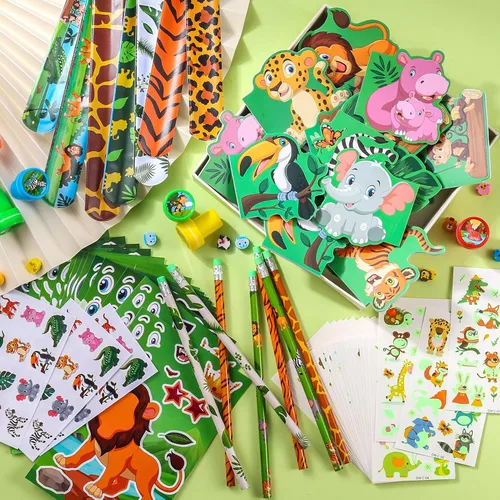 Vista 4 de BenLouis 120Pcs Recuerdos de fiesta de Safari en la jungla, sellos de estampado de animales del zoológico, pulseras de bofetada, juego de papelería