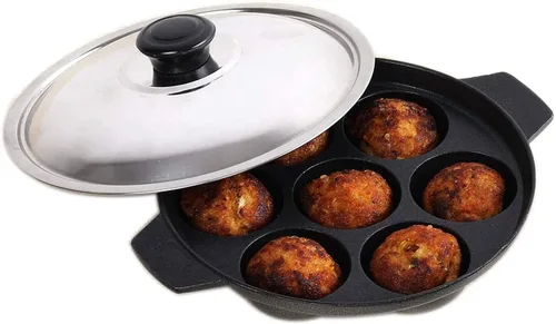 Vista 5 de SHRIYA Appam Patra Patra Paniyaram - Sartén antiadherente con tapa de acero inoxidable, 7 cavidades