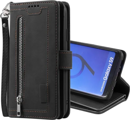 Vista 8 de UEEBAI Funda tipo cartera para Samsung Galaxy S9 Plus, Retro 9 ranuras para tarjetero con cremallera, bolsillo de piel sintética, cierre magnético