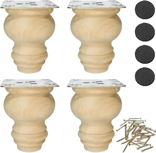 Vista 10 de Patas de madera para muebles de 2 pulgadas, patas de repuesto de madera maciza sin pintar, patas de gabinete/escritorio/sofá/estantería Bun Feet