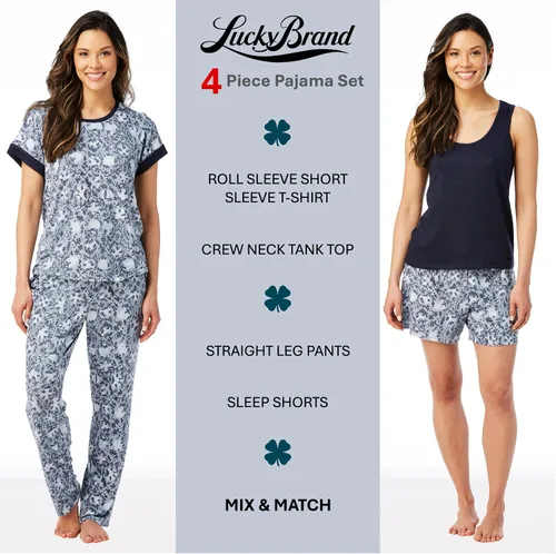 Vista 2 de Lucky Brand Conjunto de pijama de 4 piezas para mujer, camiseta suave, camiseta sin mangas, pantalones cortos y pantalones, Azul, Grande