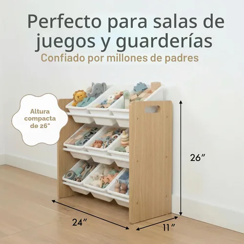 Vista 2 de Humble Crew Organizador de juguetes para niños con 9 contenedores Madera natural/blanco