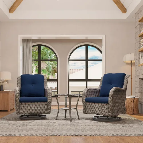 Vista 8 de Juego de 2 sillas de patio giratorias de 360 grados para exteriores y mesa auxiliar a juego – 3 sillas deslizantes de mimbre para patio con cojines