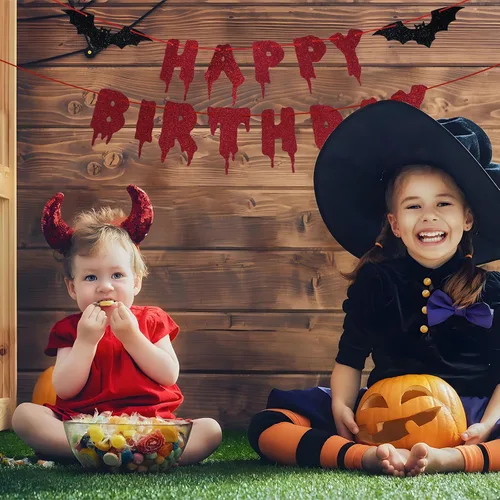 Vista 5 de Cartel rojo brillante de Halloween de Feliz Cumpleaños – Guirnalda de papel colgante de Halloween Banderines Banner Bloody Bat Vampire Decoraciones