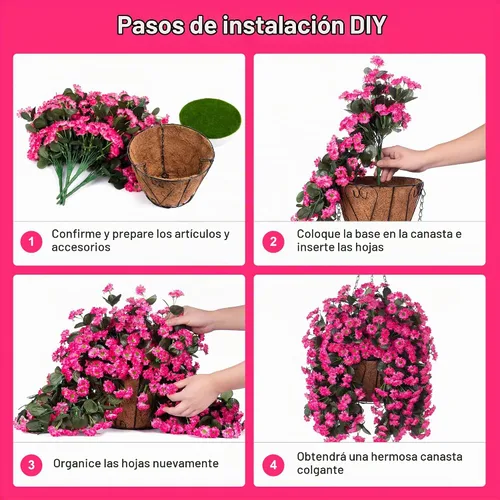 Vista 7 de INXUGAO Cestas Colgantes de Flores Artificiales para Decoración de Exteriores e Interiores, Flores de Margaritas Artificiales Arbustos Plantas