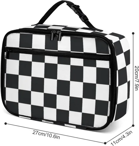 Vista 3 de Lonchera reutilizable con diseño a cuadros y negro y blanco con aislamiento, bolsa de almuerzo para comida y comida, bolsa de mano para mujeres