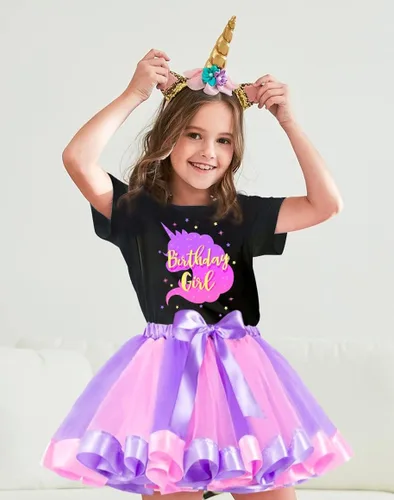 Vista 2 de Doctor Unicorn Conjunto de cumpleaños para niñas, vestido con falda de tutú, camiseta de unicornio, diadema y banda de satén