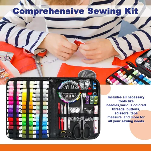 Vista 5 de JUNING Kit de costura con estuche negro, suministros de costura portátiles para el hogar, viajes, adultos, principiantes, emergencias, 42 hilos