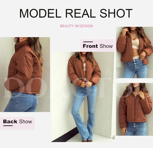 Vista 4 de Dokotoo Chaquetas acolchadas de invierno para mujer, de manga larga, con cremallera completa, con bolsillos