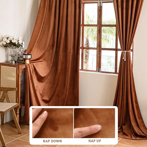 Vista 3 de YOFUN Cortinas de terciopelo color naranja quemado de 96 pulgadas para sala de estar, protección contra la luz, privacidad, cortinas de ventana