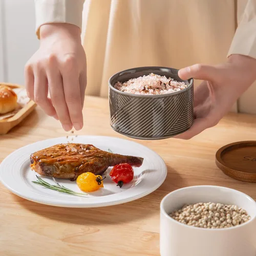 Vista 2 de Recipientes de sal y pimienta: recipiente de especias apilable de cerámica de 10 oz con tapa de madera - recipientes de almacenamiento