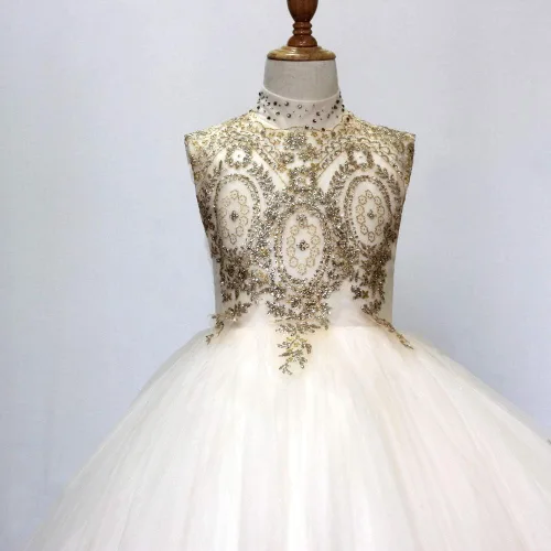 Vista 3 de Vestido de fiesta de tul de encaje dorado para niñas, vestido de baile largo hinchado