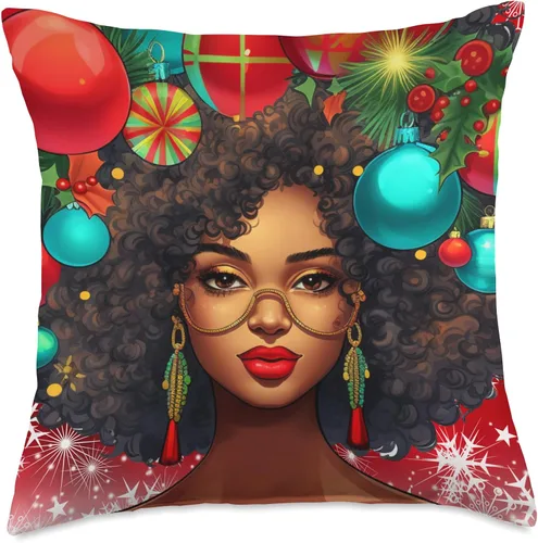 Vista 4 de Black women Christmas ornament melanin curly hair Melanin Christmas Queen Xmas Black Girl Magic Ornament - Almohada de 16 x 16 pulgadas, multicolor
