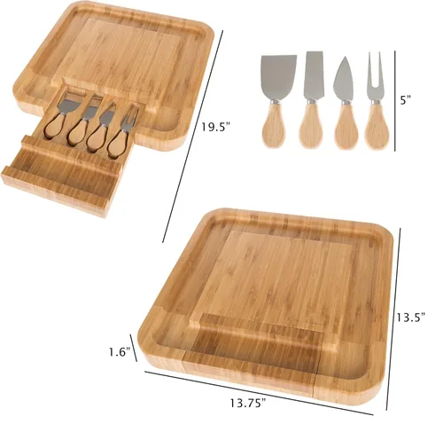 Vista 2 de Classic Cuisine - Bandeja de bambú para servir queso, tabla de charcutería ecológica con juego de cubiertos de acero inoxidable de 4 piezas y cajón