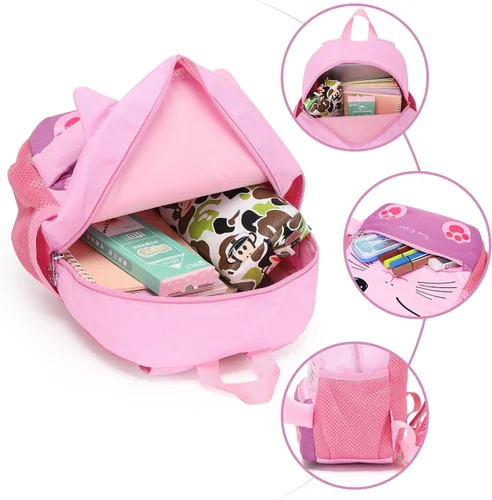 Vista 3 de Reqinqin Lindas mochilas reales para niños pequeños, mini bolsa de viaje de dibujos animados de animales para bebés y niñas de 1 a 5 años, 2 gatos.