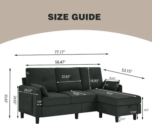 Vista 2 de Sofá modular convertible de 77 pulgadas, moderno sofá en forma de L de 3 asientos con otomana reversible y bolsillo de almacenamiento, sofás