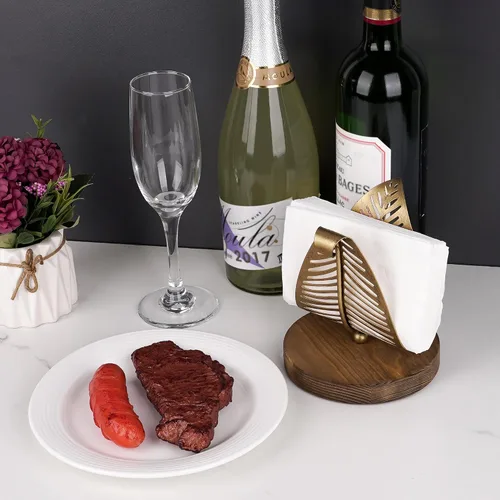 Vista 5 de Servilletero de hoja dorada para mesa de comedor, organizador de servilletas de papel de metal rústico con base de madera, soporte de mesa artístico