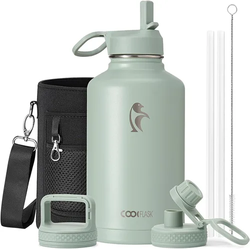 Vista 91 de Coolflask Botella de agua de 20 onzas aislada con pajilla, 3 tapas de metal de acero inoxidable, botella de agua de boca ancha para deportes u