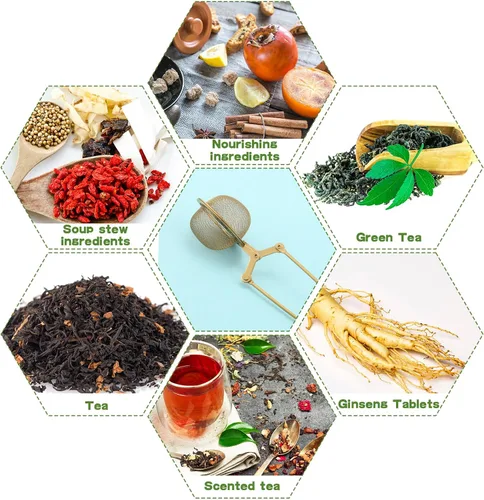Vista 4 de Yinder Infusor de té de hojas sueltas, 20 unidades, malla de acero inoxidable, coladores de bola de té con broche con mango de metal (dorado)