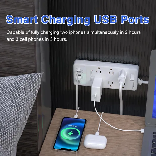 Vista 3 de Regleta protectora de sobretensiones, cable de extensión con 6 salidas (1875 W/15 A) y 2 puertos USB A+2USB C, certificación ETL, montaje en pared