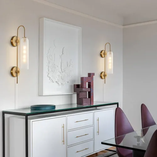 Vista 7 de BOKT Apliques de pared modernos de mediados de siglo con enchufe para interiores, largos, oro cepillado, vidrio blanco leche, apliques