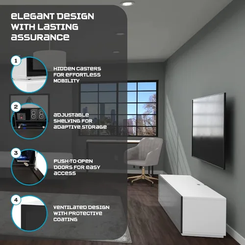 Vista 5 de SONOROUS ST-160 - Soporte de TV premium con cubierta de vidrio negro y madera blanca, centro de entretenimiento de lujo y consola multimedia